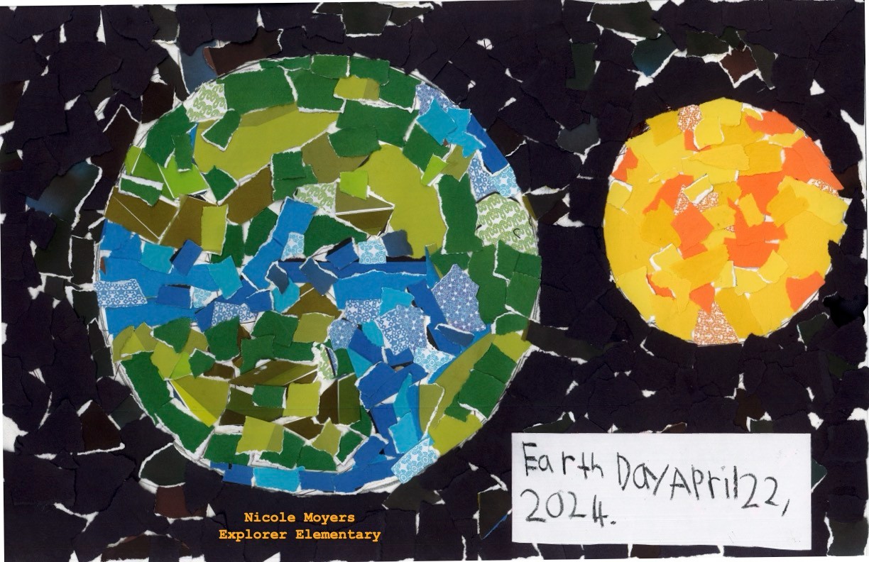 Earth Day post, Nicole Moyers, Explorer Elementary School, An earth and sun crafted together with different pieces of paper